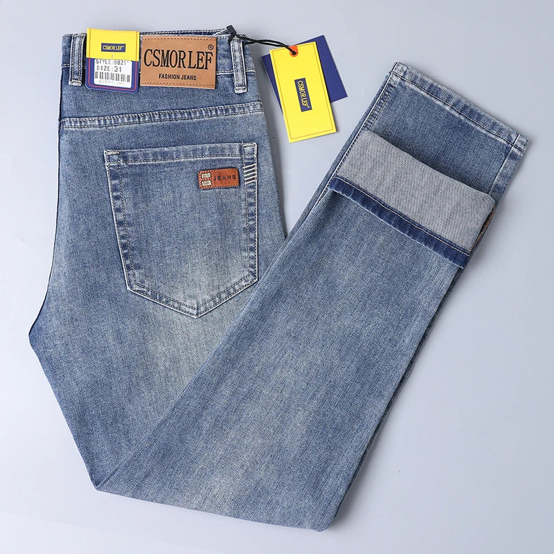 2026 Autumn Men's Casual Jeans Classic Fit Business Straight Stretch Denim Pants Blue Gray Basic Matching Brand Trousers