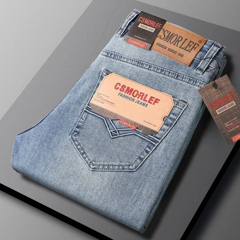 2026 Autumn Men's Casual Jeans Classic Fit Business Straight Stretch Denim Pants Blue Gray Basic Matching Brand Trousers