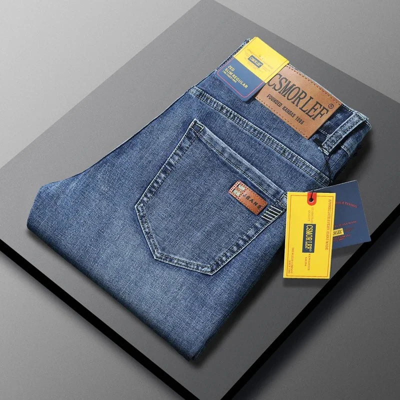 2026 Autumn Men's Casual Jeans Classic Fit Business Straight Stretch Denim Pants Blue Gray Basic Matching Brand Trousers