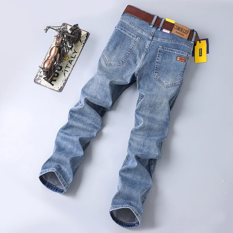 2026 Autumn Men's Casual Jeans Classic Fit Business Straight Stretch Denim Pants Blue Gray Basic Matching Brand Trousers