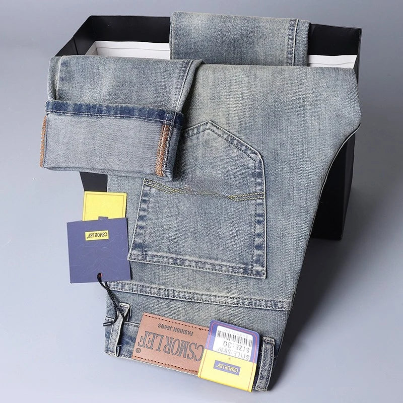 2026 Autumn Men's Casual Jeans Classic Fit Business Straight Stretch Denim Pants Blue Gray Basic Matching Brand Trousers