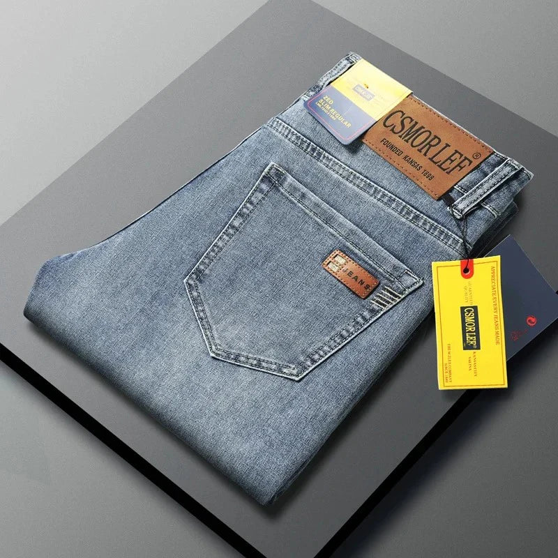2026 Autumn Men's Casual Jeans Classic Fit Business Straight Stretch Denim Pants Blue Gray Basic Matching Brand Trousers