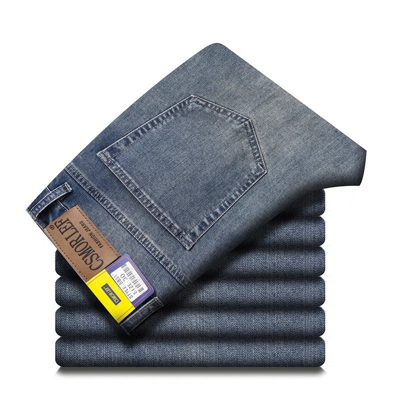 2026 Autumn Men's Casual Jeans Classic Fit Business Straight Stretch Denim Pants Blue Gray Basic Matching Brand Trousers