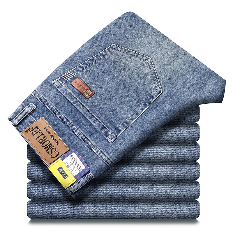 2026 Autumn Men's Casual Jeans Classic Fit Business Straight Stretch Denim Pants Blue Gray Basic Matching Brand Trousers