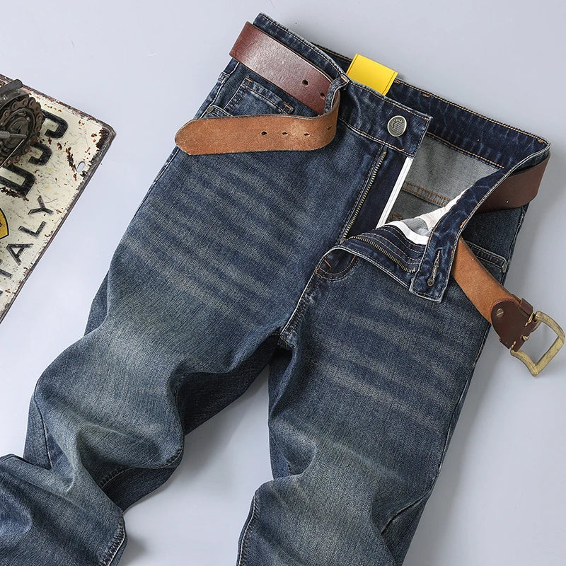 2026 Autumn Men's Casual Jeans Classic Fit Business Straight Stretch Denim Pants Blue Gray Basic Matching Brand Trousers