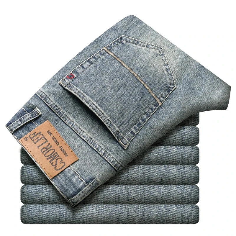 2026 Autumn Men's Casual Jeans Classic Fit Business Straight Stretch Denim Pants Blue Gray Basic Matching Brand Trousers