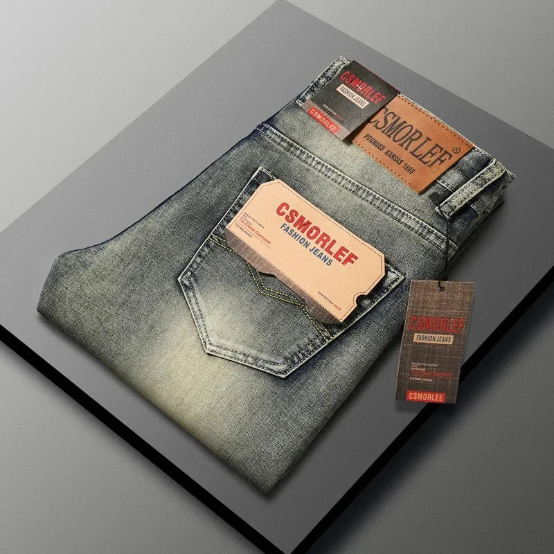 2026 Autumn Men's Casual Jeans Classic Fit Business Straight Stretch Denim Pants Blue Gray Basic Matching Brand Trousers