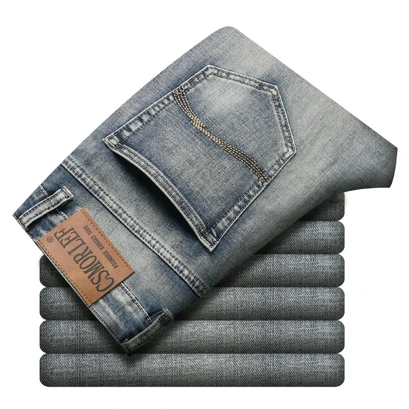2026 Autumn Men's Casual Jeans Classic Fit Business Straight Stretch Denim Pants Blue Gray Basic Matching Brand Trousers