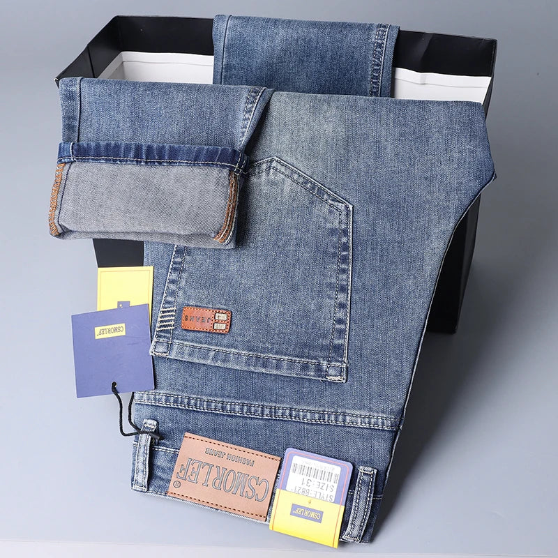 2026 Autumn Men's Casual Jeans Classic Fit Business Straight Stretch Denim Pants Blue Gray Basic Matching Brand Trousers